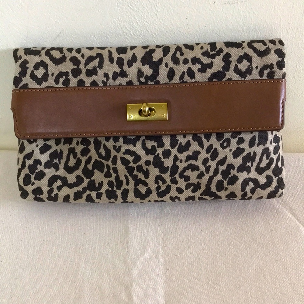 J. Crew envelope clutch Leopard print Linen cotton Canvas w Leather trim